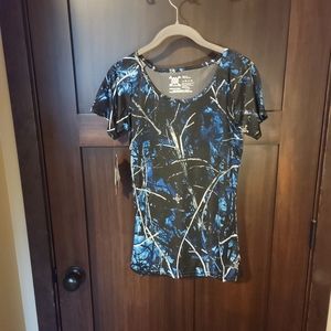 NWT Women's Moon Shine Camo Black & Blue SS Active T-Shirt Top Size Small NEW!!